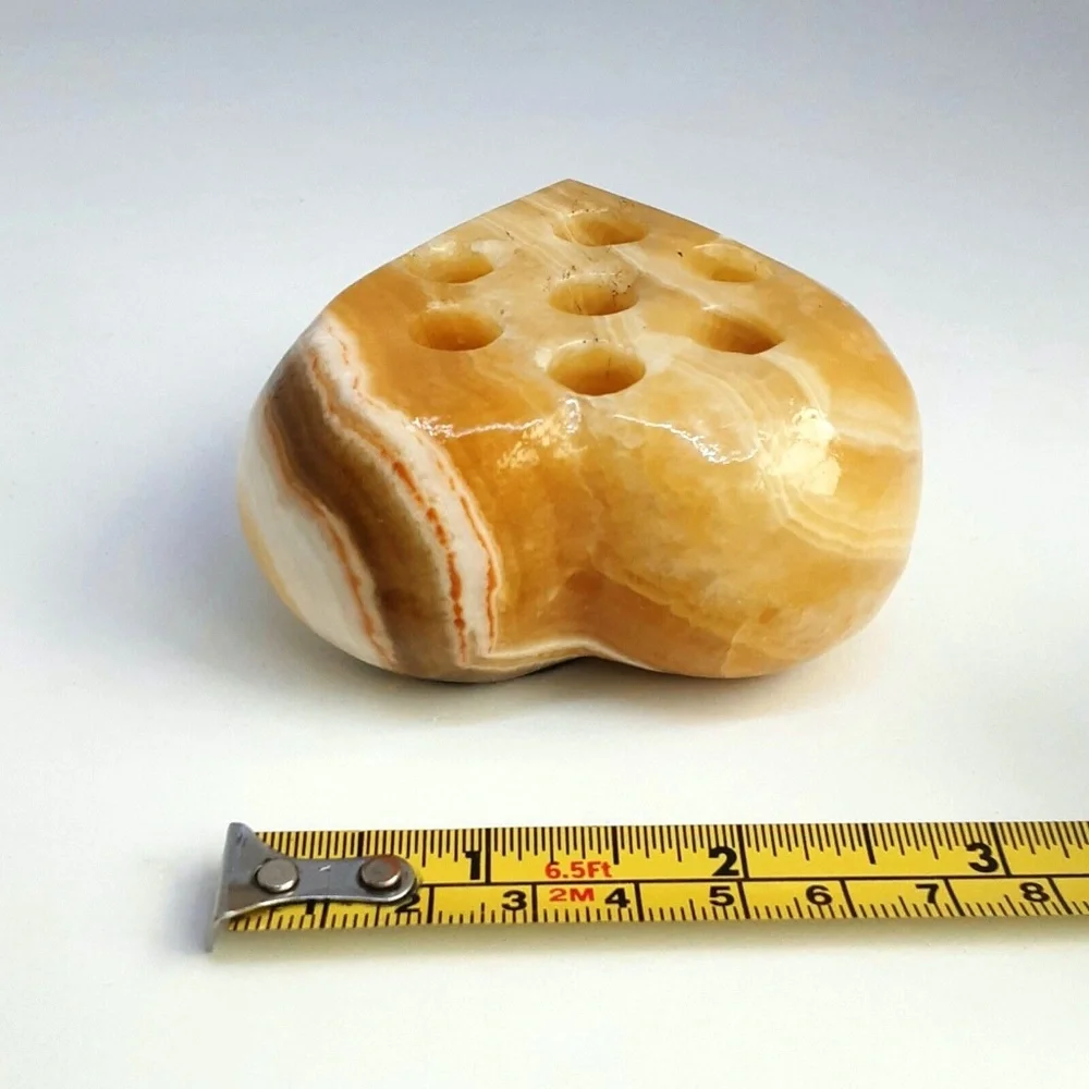 Onyx Stone Heart Pencil Pen Holder Amber Ivory Layered Marbling Desk Top